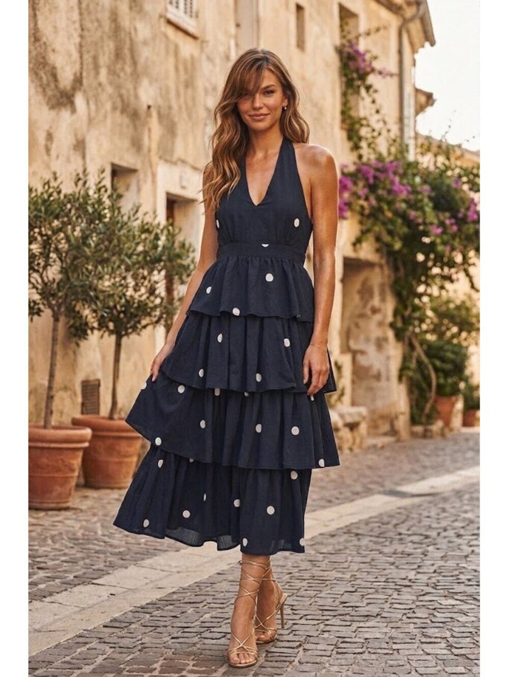 Entro NWT Polka Dot Tiered Halter Midi Dress Navy Blue